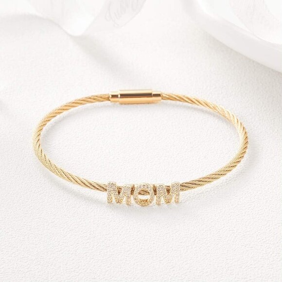 Gold Stainless Steel Cable Wire Bangle for Women with Cubic Zirconia - Stylish M - Picture 2 of 7